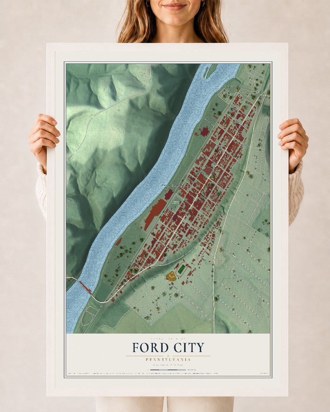 Map of Ford City, Pennsylvania, 24 x 36 inch print in a white wood frame