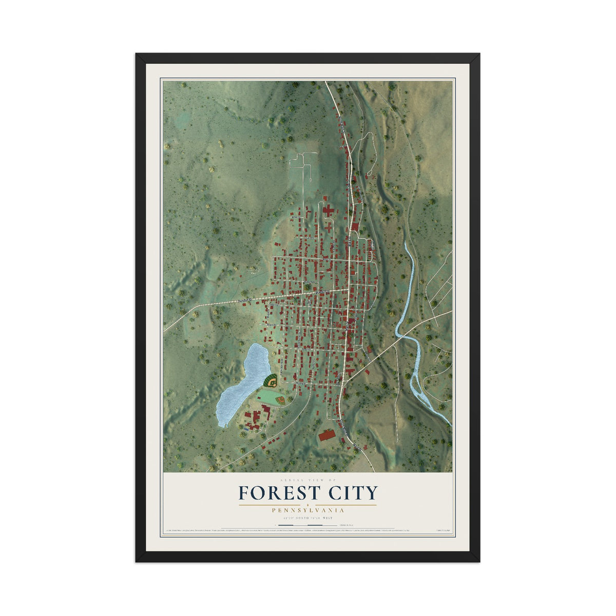 Map of Forest City, Pennsylvania, 12 x 18 inch print in a black wood frame