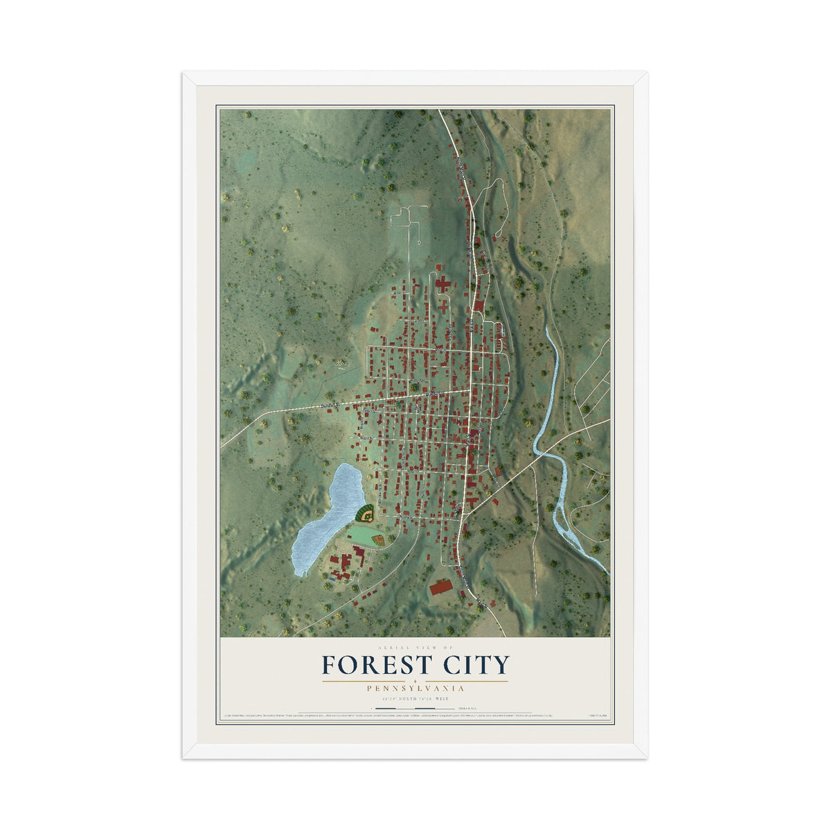 Map of Forest City, Pennsylvania, 12 x 18 inch print in a white wood frame