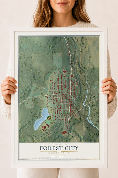 Map of Forest City, Pennsylvania, 18 x 24 inch print in a white wood frame