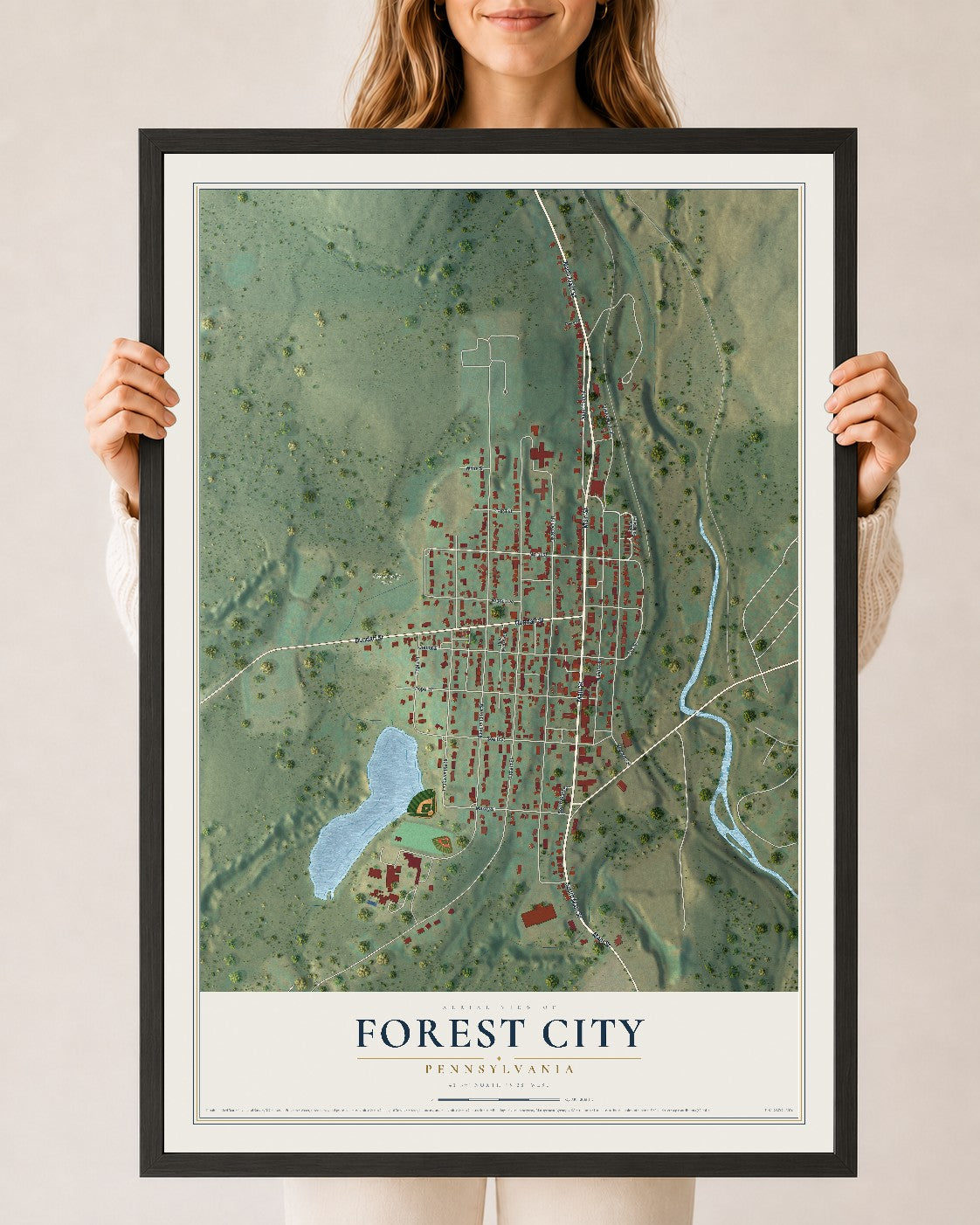 Map of Forest City, Pennsylvania, 24 x 36 inch print in a black wood frame