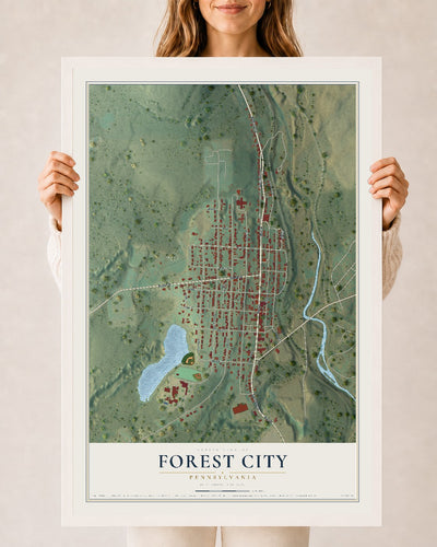 Map of Forest City, Pennsylvania, 24 x 36 inch print in a white wood frame