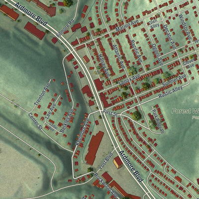 Second close-up of the map of Forest Hills, Pennsylvania print showing more streets and buildings