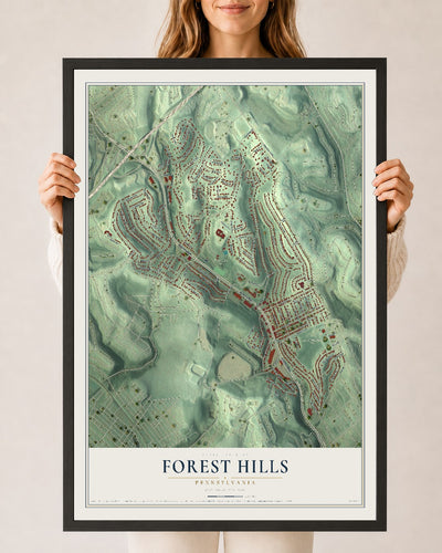 Map of Forest Hills, Pennsylvania, 24 x 36 inch print in a black wood frame