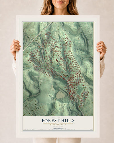 Map of Forest Hills, Pennsylvania, 24 x 36 inch print in a white wood frame