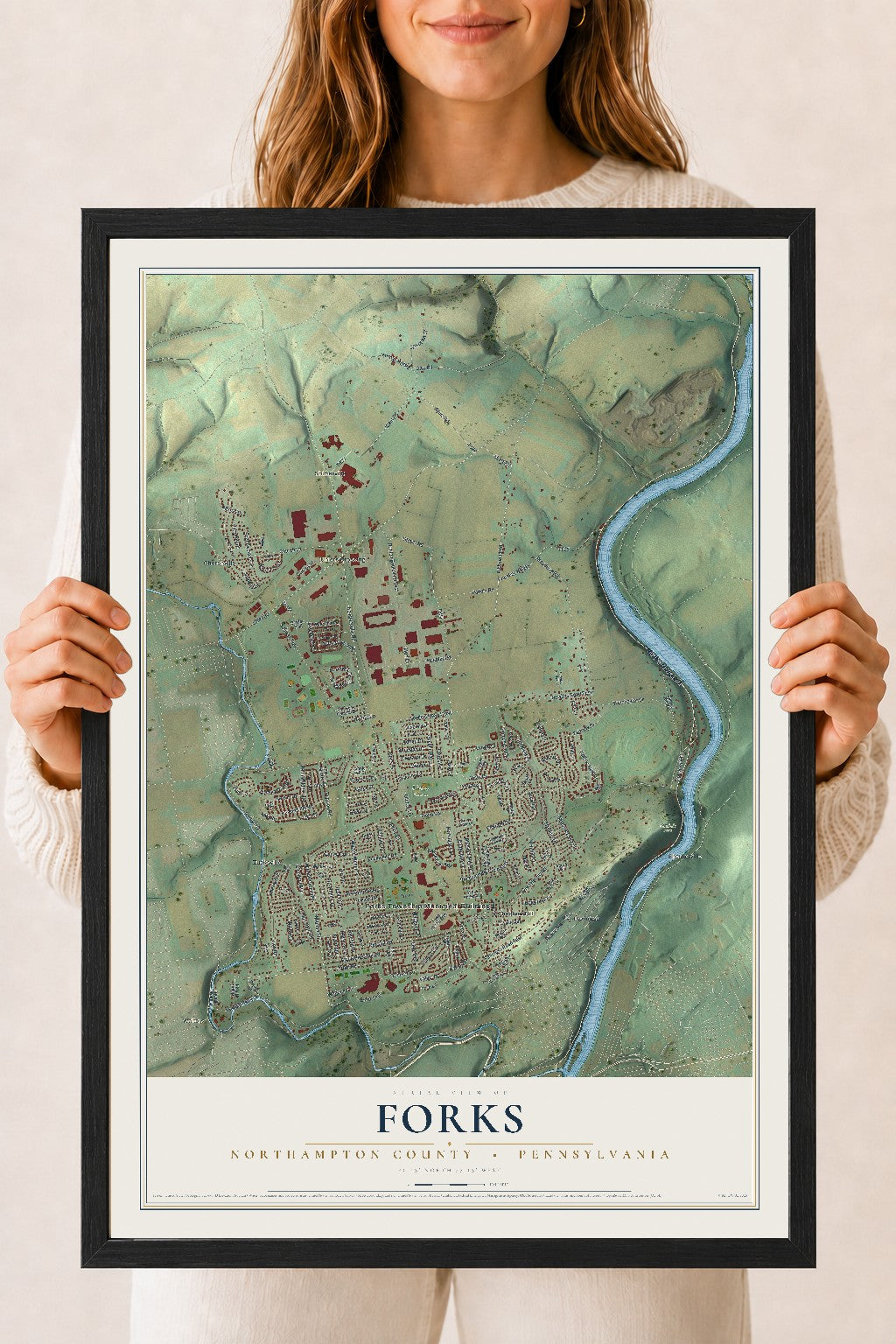Map of Forks, Northampton County, Pennsylvania, 18 x 24 inch print in a black wood frame