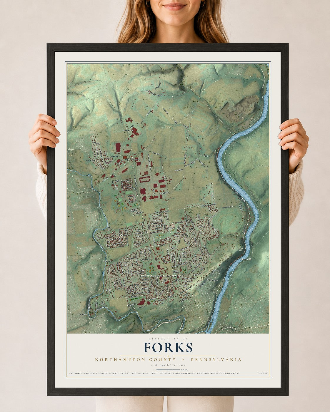 Map of Forks, Northampton County, Pennsylvania, 24 x 36 inch print in a black wood frame