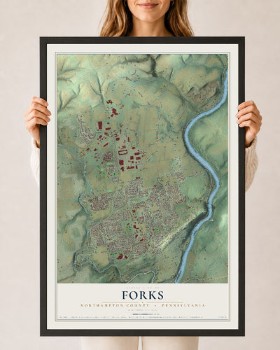 Map of Forks, Northampton County, Pennsylvania, 24 x 36 inch print in a black wood frame