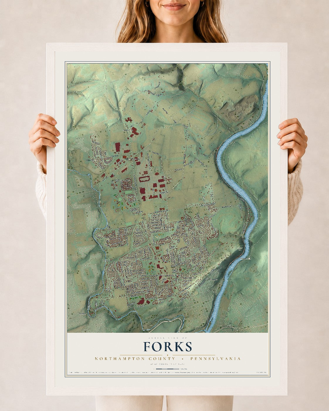 Map of Forks, Northampton County, Pennsylvania, 24 x 36 inch print in a white wood frame