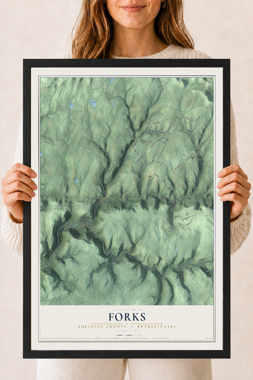 Map of Forks, Sullivan County, Pennsylvania, 18 x 24 inch print in a black wood frame