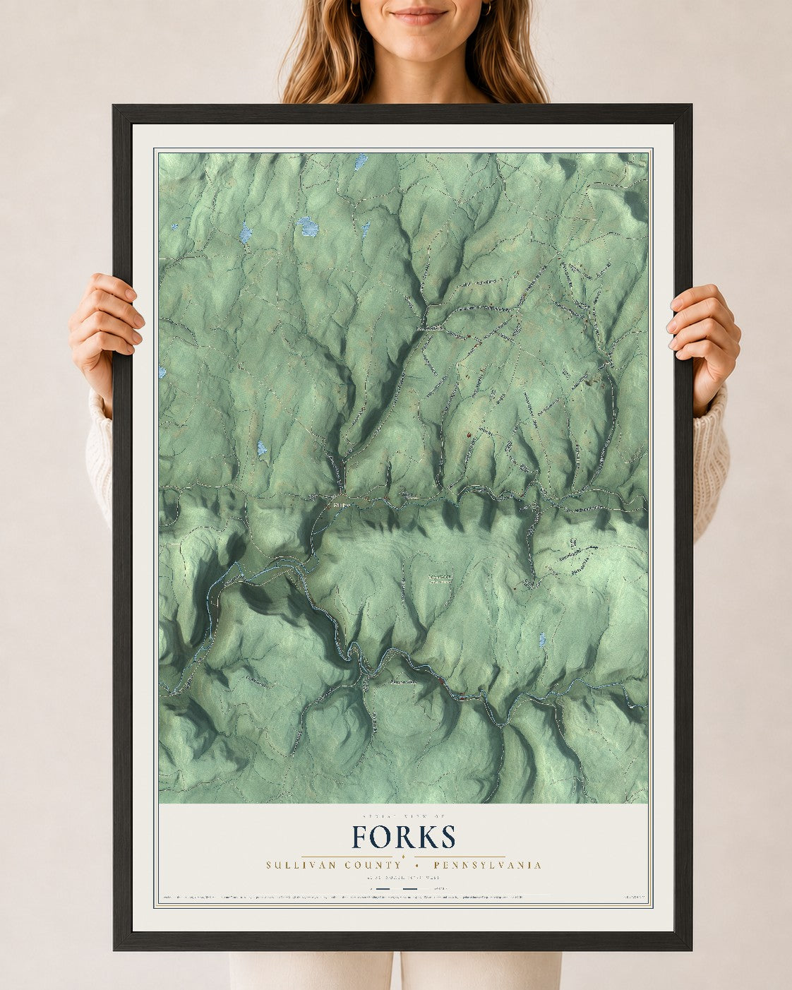 Map of Forks, Sullivan County, Pennsylvania, 24 x 36 inch print in a black wood frame
