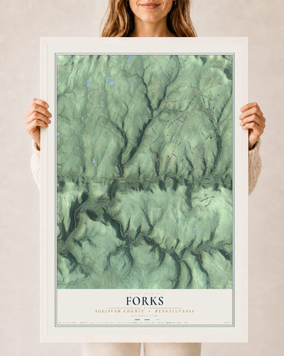Map of Forks, Sullivan County, Pennsylvania, 24 x 36 inch print in a white wood frame
