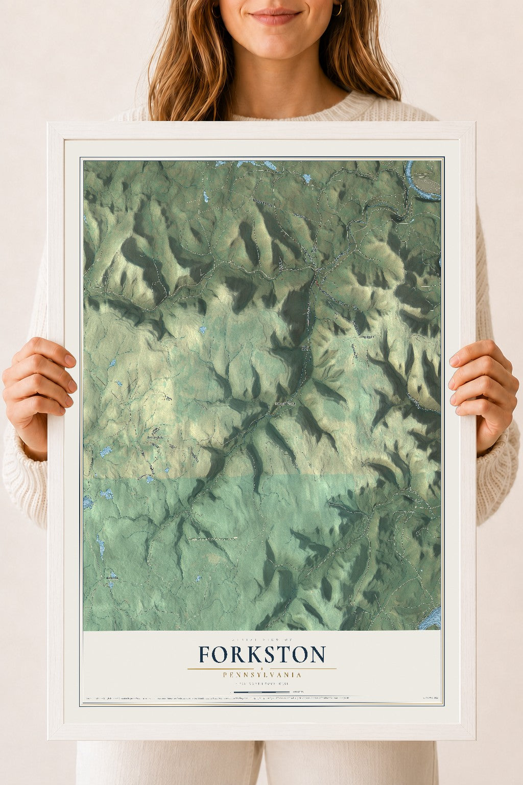 Map of Forkston, Pennsylvania, 18 x 24 inch print in a white wood frame