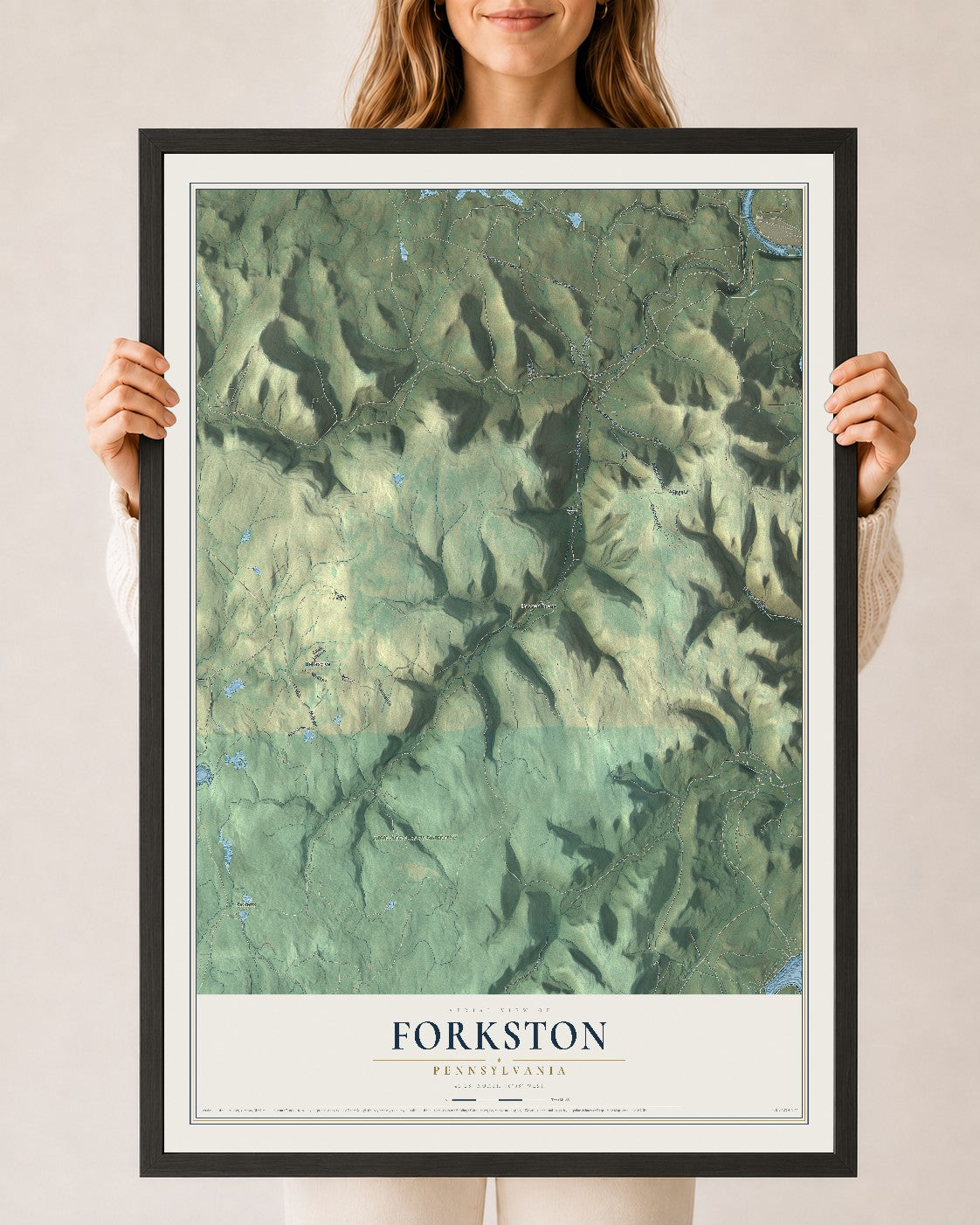 Map of Forkston, Pennsylvania, 24 x 36 inch print in a black wood frame