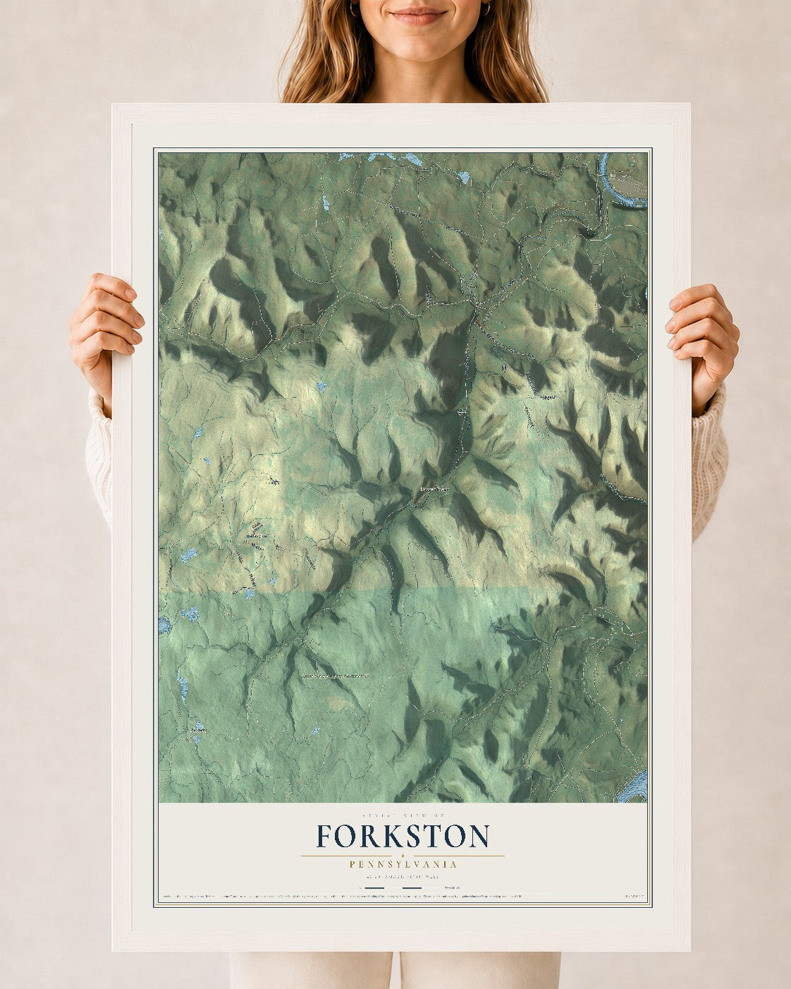 Map of Forkston, Pennsylvania, 24 x 36 inch print in a white wood frame
