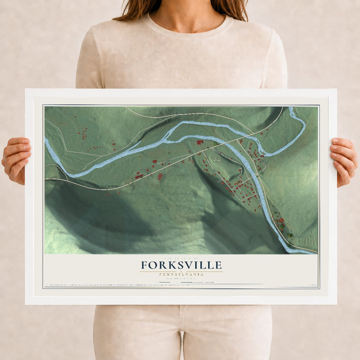 Map of Forksville, Pennsylvania, 12 x 18 inch print in a white wood frame