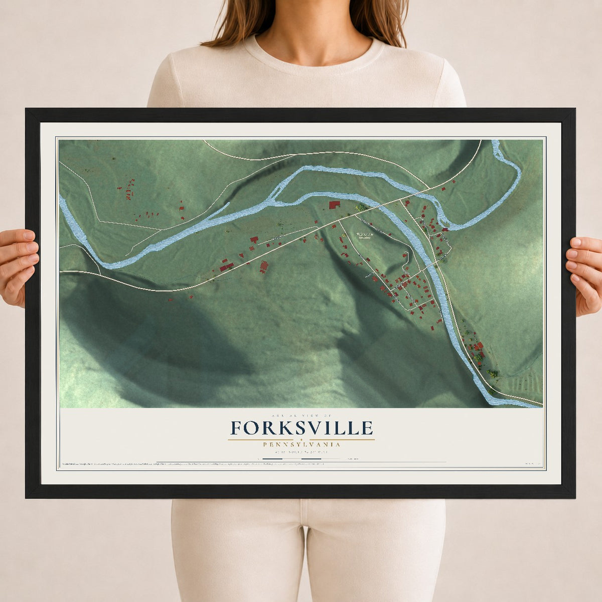 Map of Forksville, Pennsylvania, 18 x 24 inch print in a black wood frame
