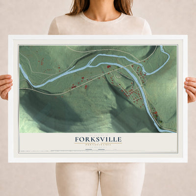 Map of Forksville, Pennsylvania, 18 x 24 inch print in a white wood frame