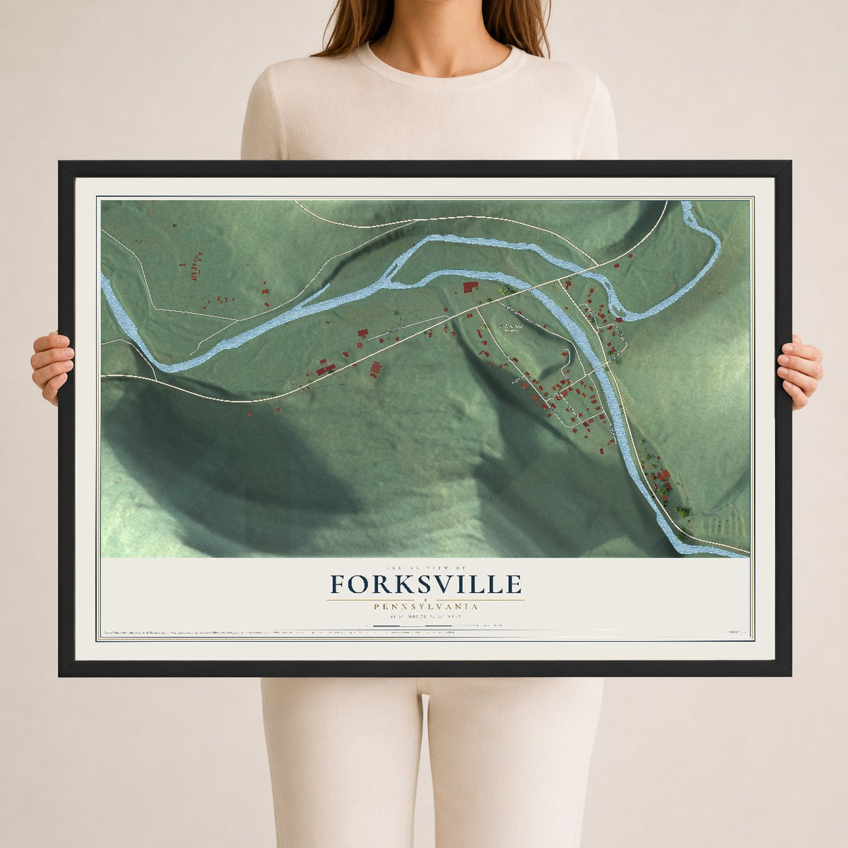 Map of Forksville, Pennsylvania, 24 x 36 inch print in a black wood frame