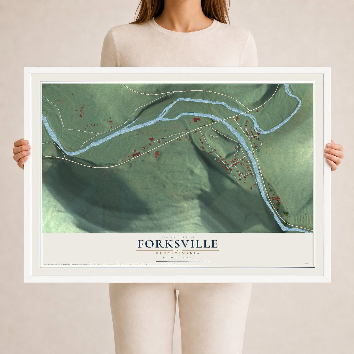Map of Forksville, Pennsylvania, 24 x 36 inch print in a white wood frame