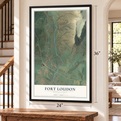 Fort Loudon, Pennsylvania map, 24 x 36 inch print in a black frame by a staircase