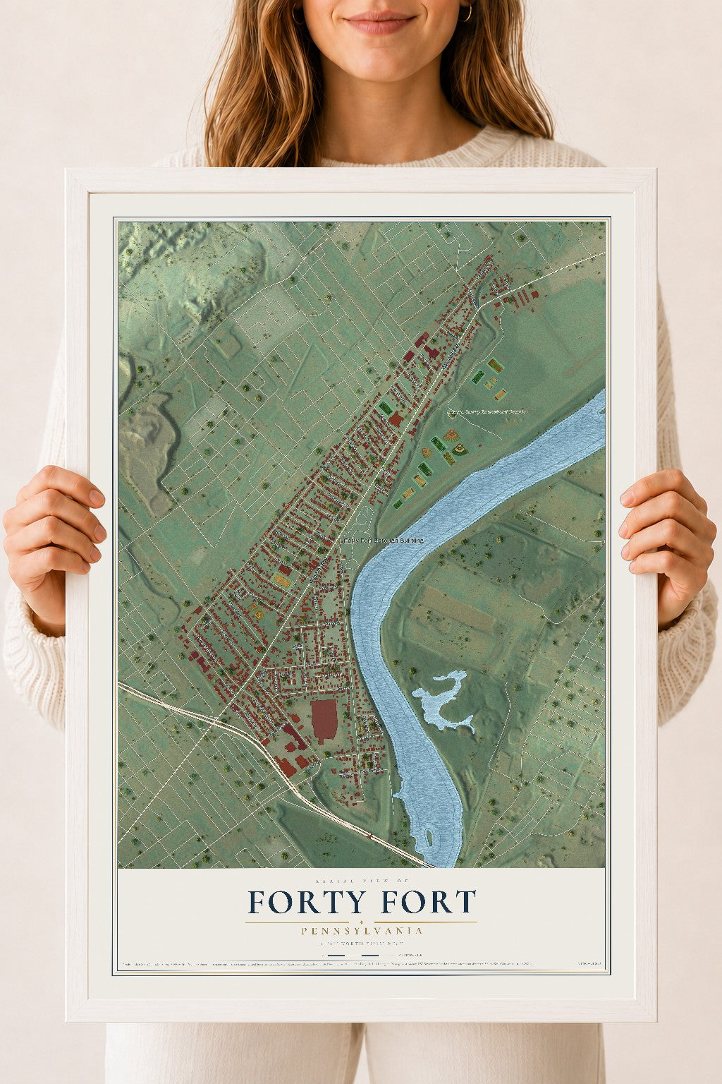 Map of Forty Fort, Pennsylvania, 18 x 24 inch print in a white wood frame