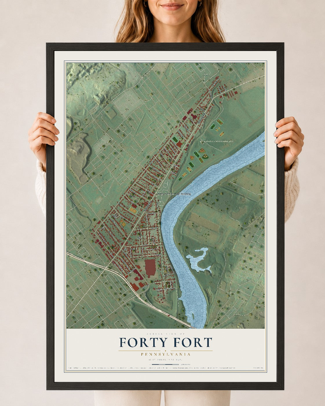 Map of Forty Fort, Pennsylvania, 24 x 36 inch print in a black wood frame