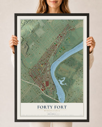 Map of Forty Fort, Pennsylvania, 24 x 36 inch print in a black wood frame