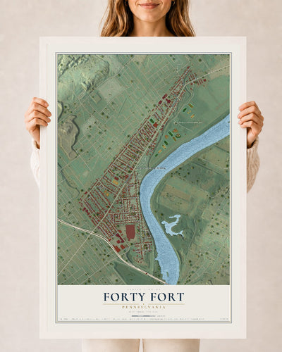 Map of Forty Fort, Pennsylvania, 24 x 36 inch print in a white wood frame