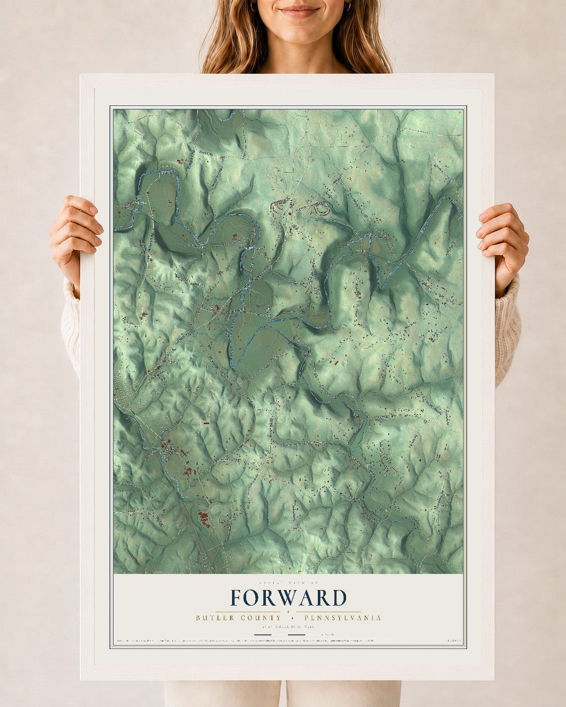 Map of Forward, Butler County, Pennsylvania, 24 x 36 inch print in a white wood frame