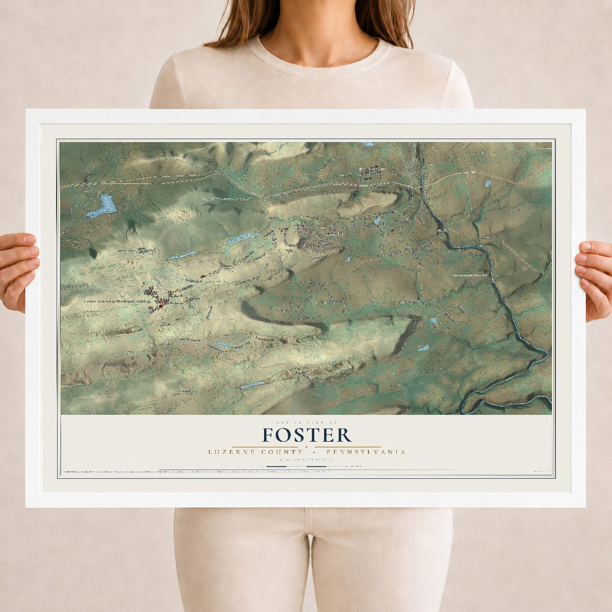 Map of Foster, Luzerne County, Pennsylvania, 18 x 24 inch print in a white wood frame