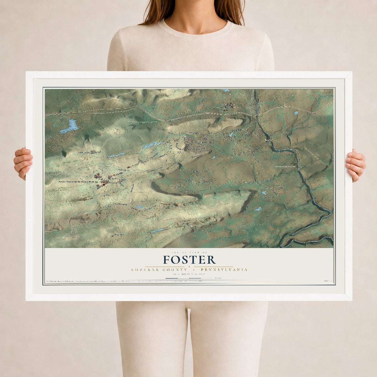 Map of Foster, Luzerne County, Pennsylvania, 24 x 36 inch print in a white wood frame