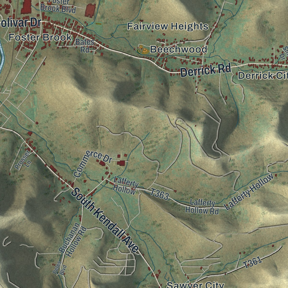 Second close-up of the map of Foster, McKean County, Pennsylvania print showing more streets and buildings