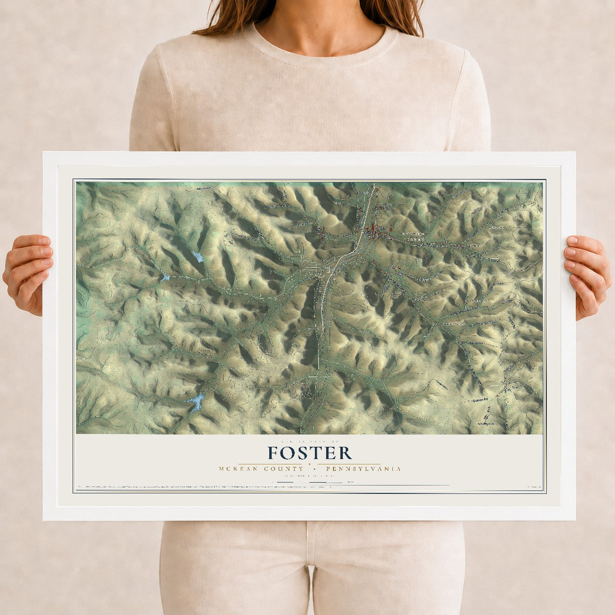 Map of Foster, McKean County, Pennsylvania, 12 x 18 inch print in a white wood frame