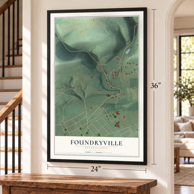 Foundryville, Pennsylvania map, 24 x 36 inch print in a black frame by a staircase