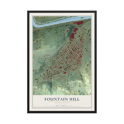 Map of Fountain Hill, Pennsylvania, 12 x 18 inch print in a black wood frame