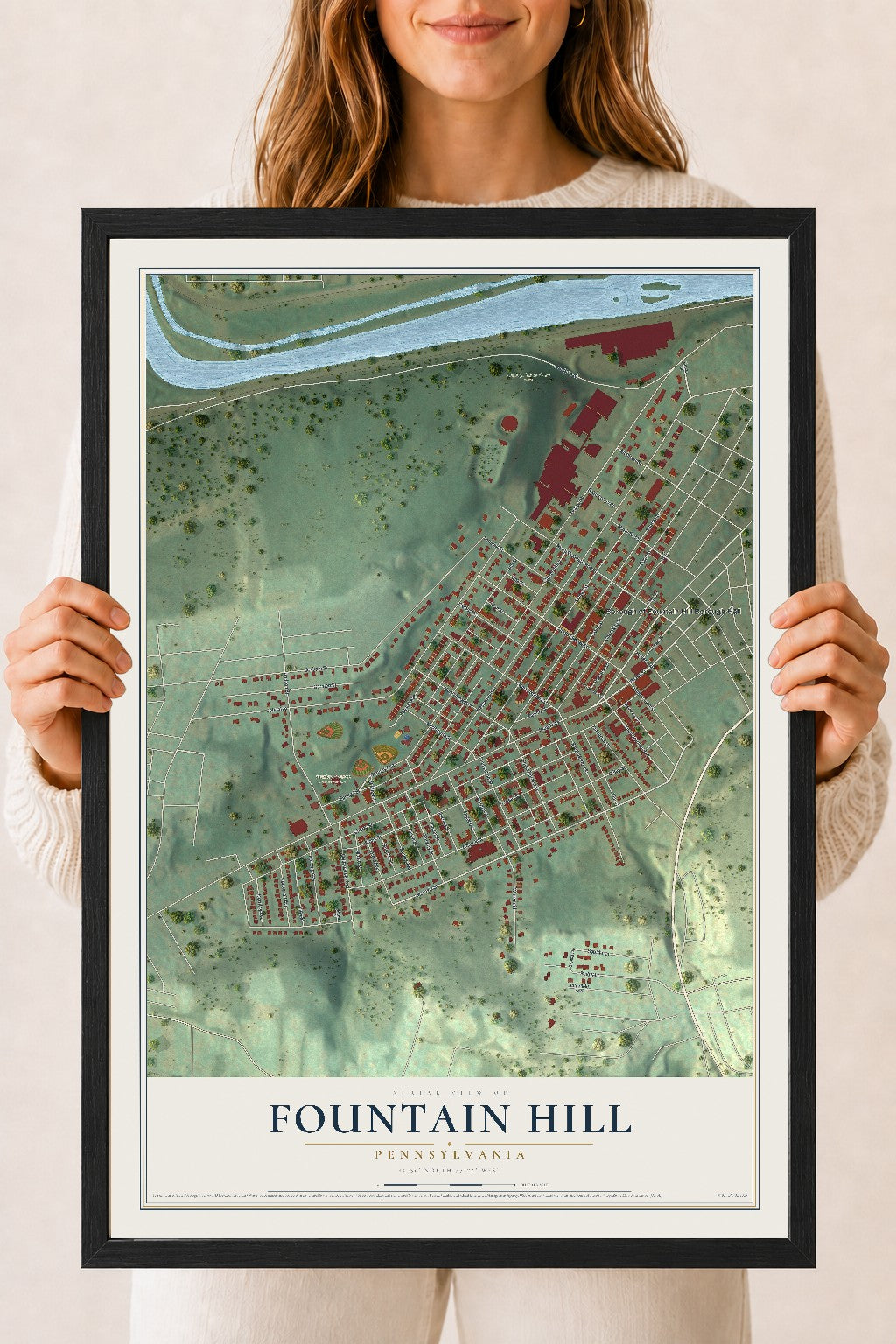 Map of Fountain Hill, Pennsylvania, 18 x 24 inch print in a black wood frame