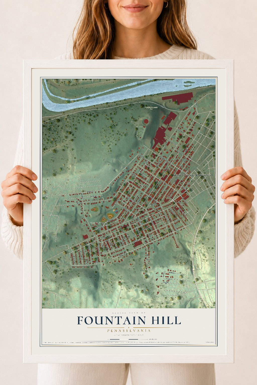 Map of Fountain Hill, Pennsylvania, 18 x 24 inch print in a white wood frame