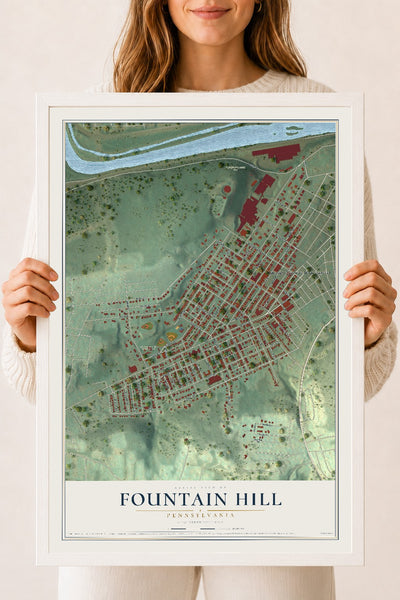 Map of Fountain Hill, Pennsylvania, 18 x 24 inch print in a white wood frame
