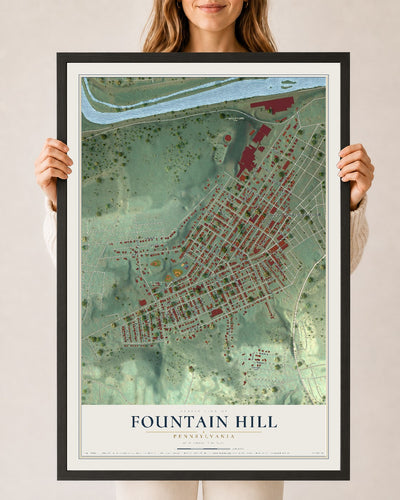 Map of Fountain Hill, Pennsylvania, 24 x 36 inch print in a black wood frame