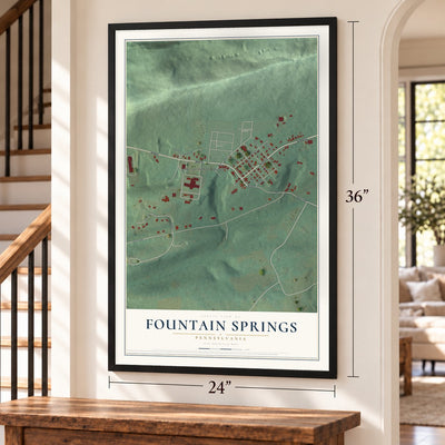Fountain Springs, Pennsylvania map, 24 x 36 inch print in a black frame by a staircase