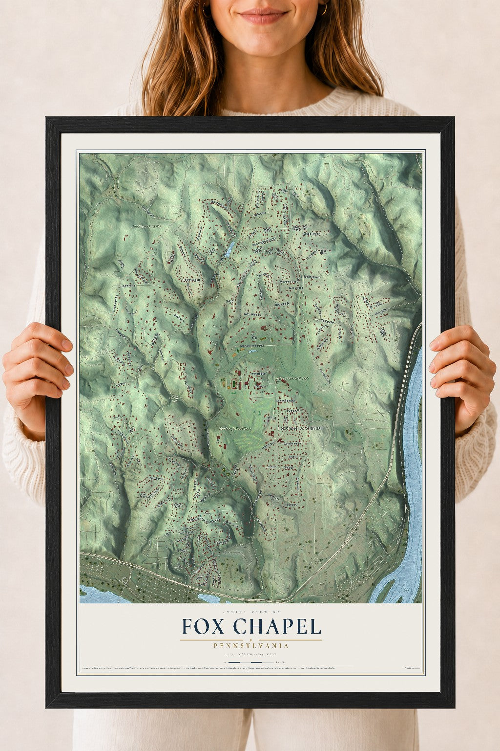 Map of Fox Chapel, Pennsylvania, 18 x 24 inch print in a black wood frame