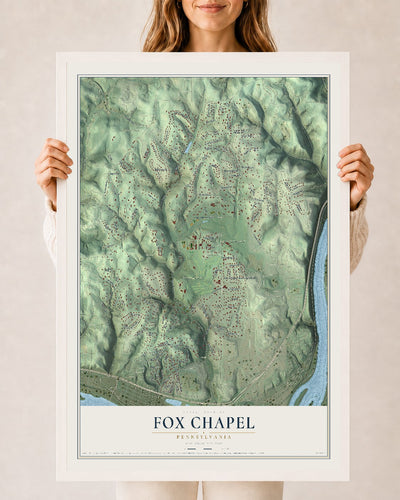 Map of Fox Chapel, Pennsylvania, 24 x 36 inch print in a white wood frame