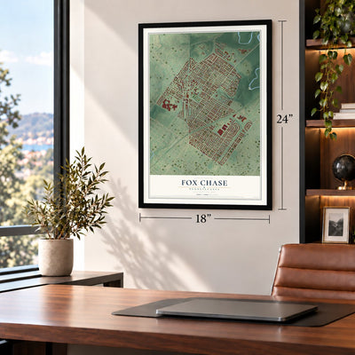 Fox Chase, Philadelphia, Pennsylvania map, 18 x 24 inch print in a black frame in a home office