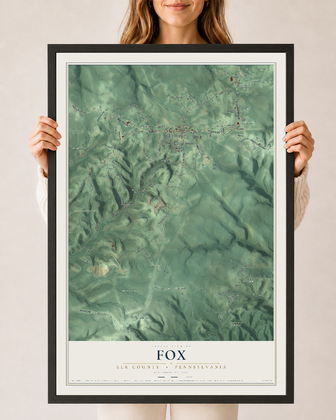 Map of Fox, Elk County, Pennsylvania, 24 x 36 inch print in a black wood frame