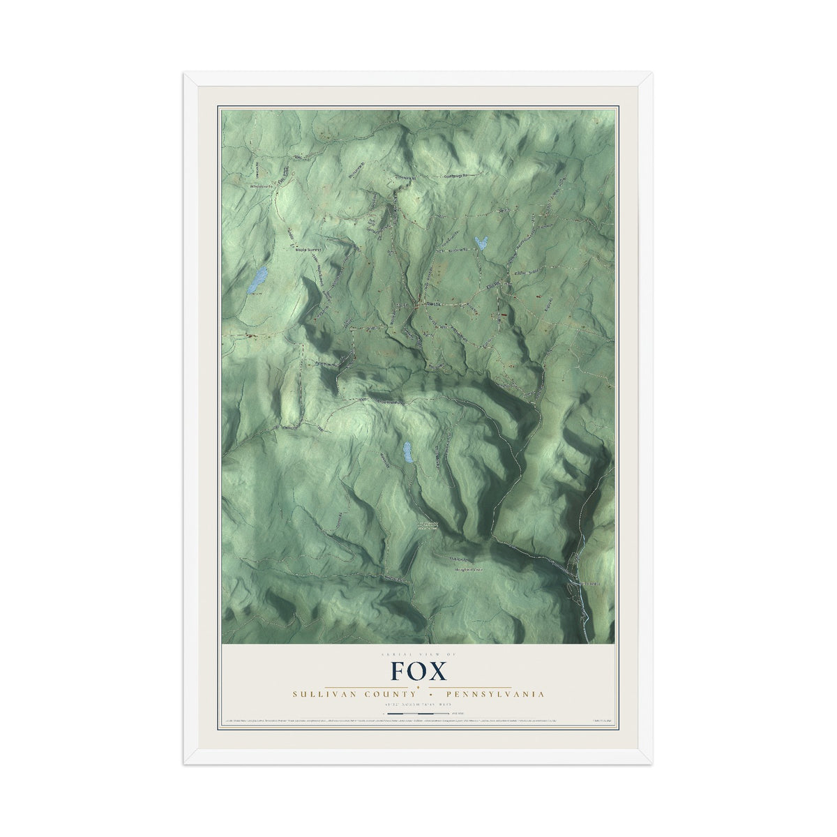 Map of Fox, Sullivan County, Pennsylvania, 12 x 18 inch print in a white wood frame