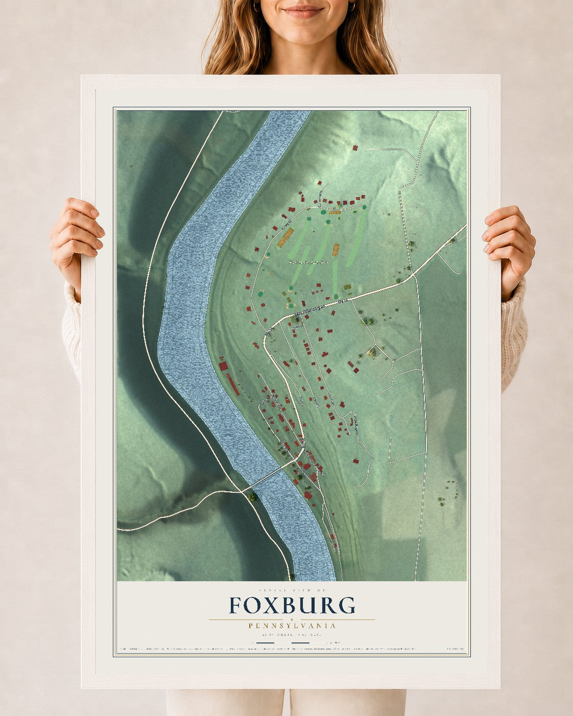 Map of Foxburg, Pennsylvania, 24 x 36 inch print in a white wood frame