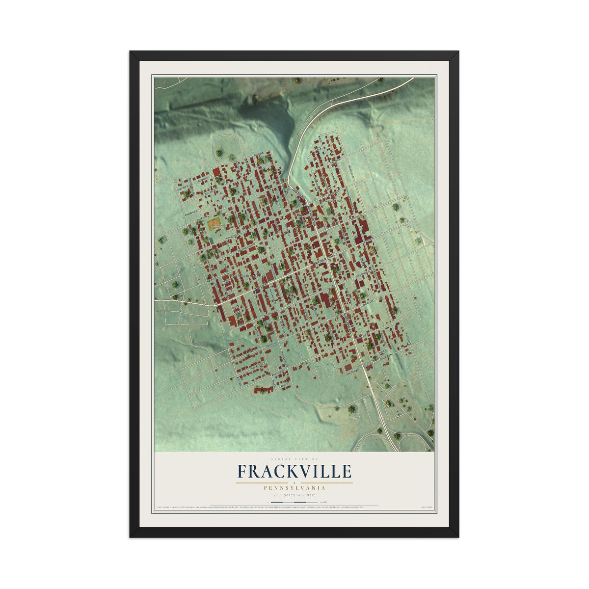 Map of Frackville, Pennsylvania, 12 x 18 inch print in a black wood frame