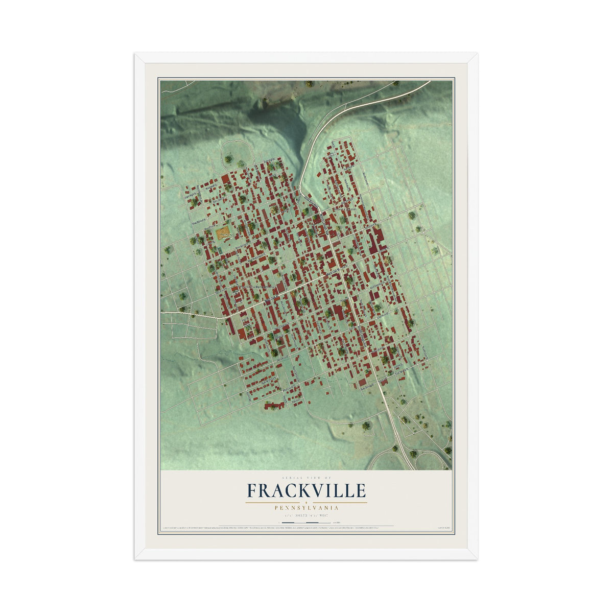 Map of Frackville, Pennsylvania, 12 x 18 inch print in a white wood frame