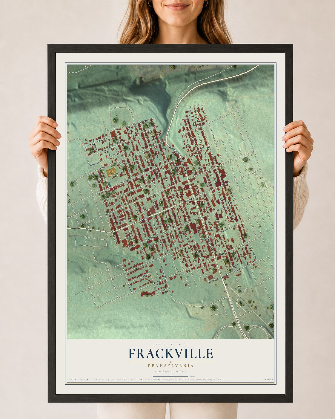Map of Frackville, Pennsylvania, 24 x 36 inch print in a black wood frame